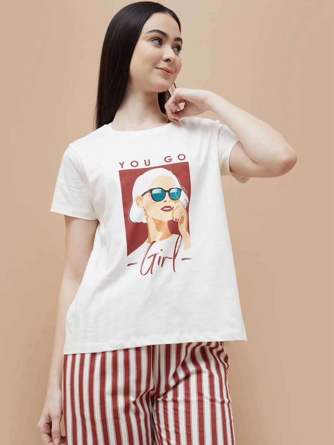 

Ginger by Lifestyle Women Typography Printed Round Neck Cotton T-shirt, Off white