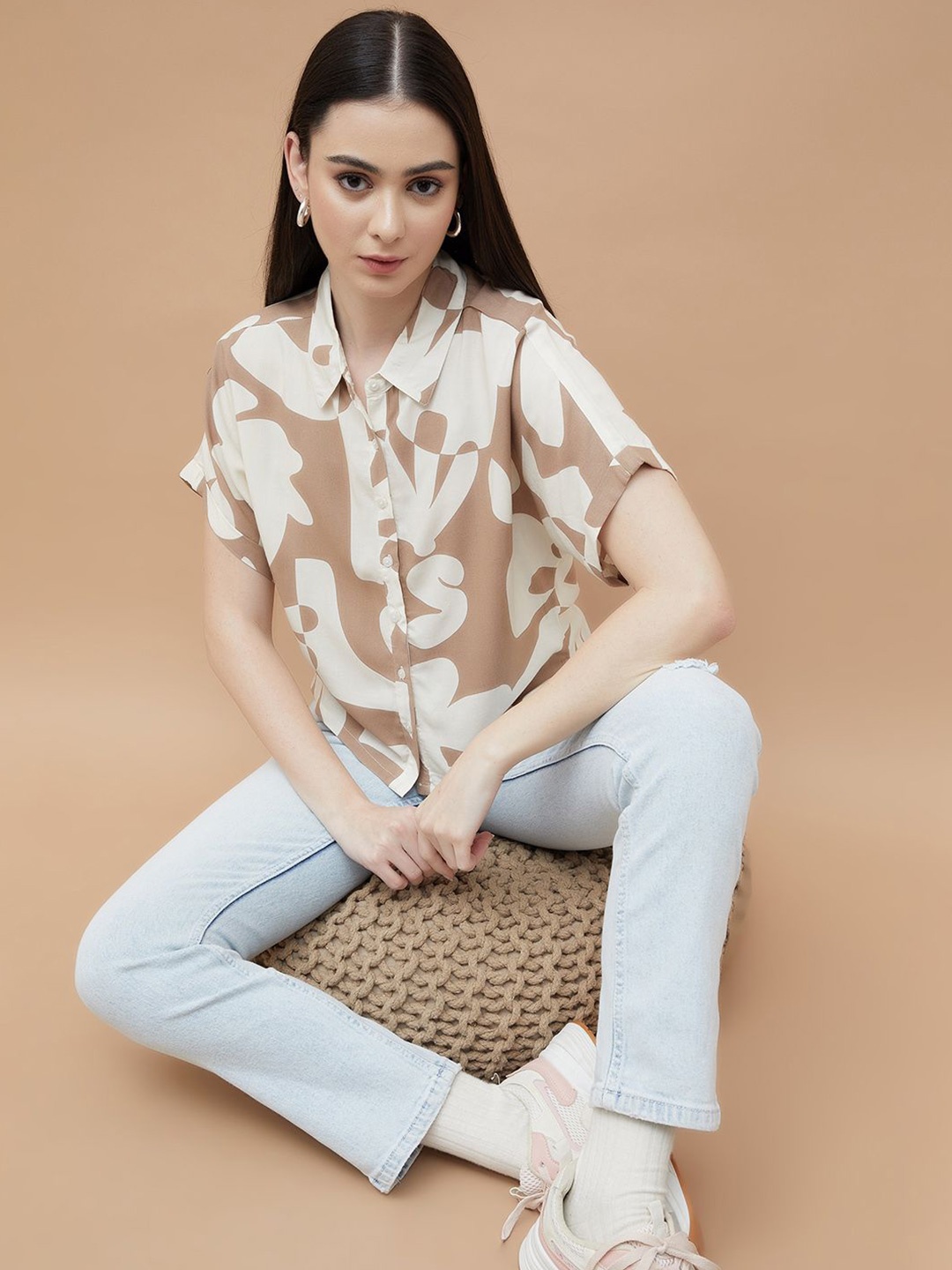 

Ginger by Lifestyle Women Spread Collar Abstract Printed Casual Shirt, Cream