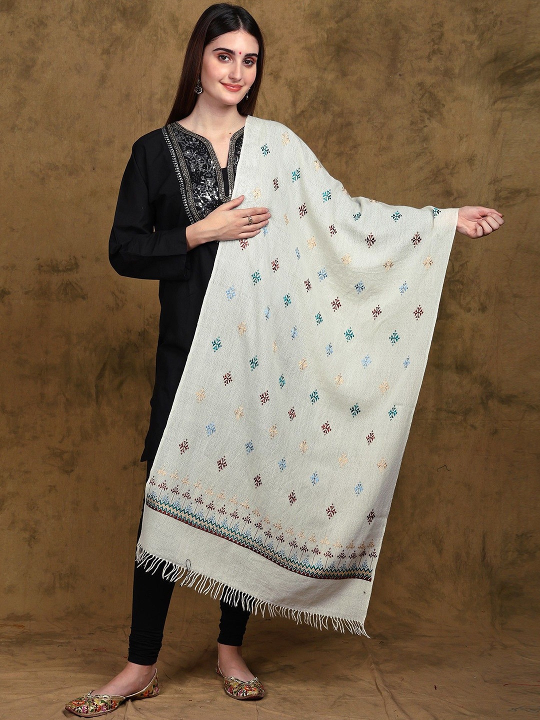 

Exotic India Cannoli Cream Merino Wool Stole with All Over Soof Embroidery, Off white