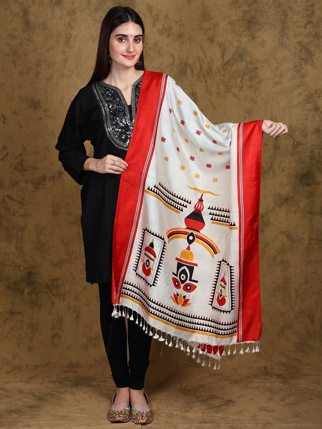 

Exotic India Mulberry Silk Stole with Digital Printed of Devi Durga Eyes Icon, Off white
