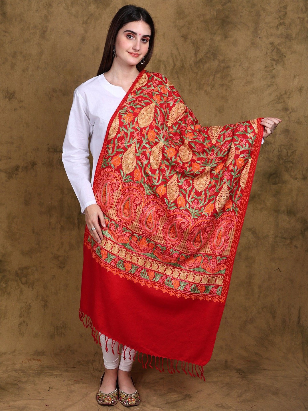 

Exotic India Kashmir Flame-Scarlet Wool Stole with Aari Embroidered Floral and Paisleys, Red