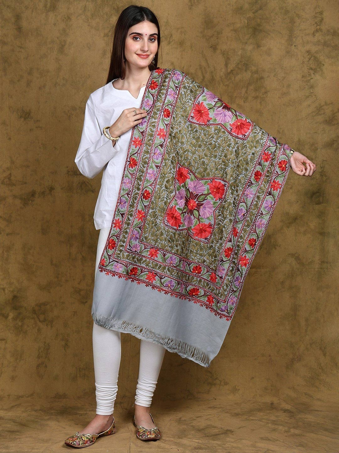 

Exotic India All-Over WomenFloral Aari Embroidered Stole with Fringe from Kashmir, Grey