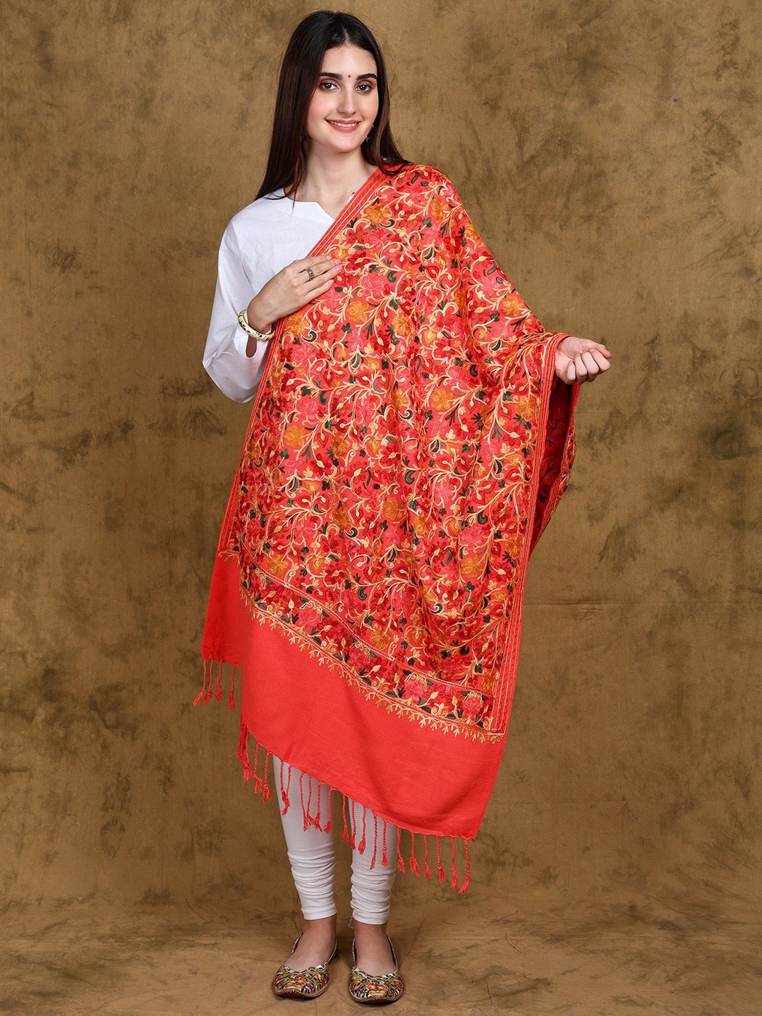 

Exotic India Wool Stole from Kashmir with All-Over Floral Aari Embroidery, Orange