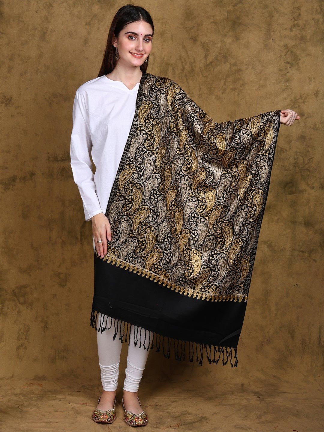 

Exotic India Kashmiri Stole with All Over Golden Paisley Aari Embroidery, Black