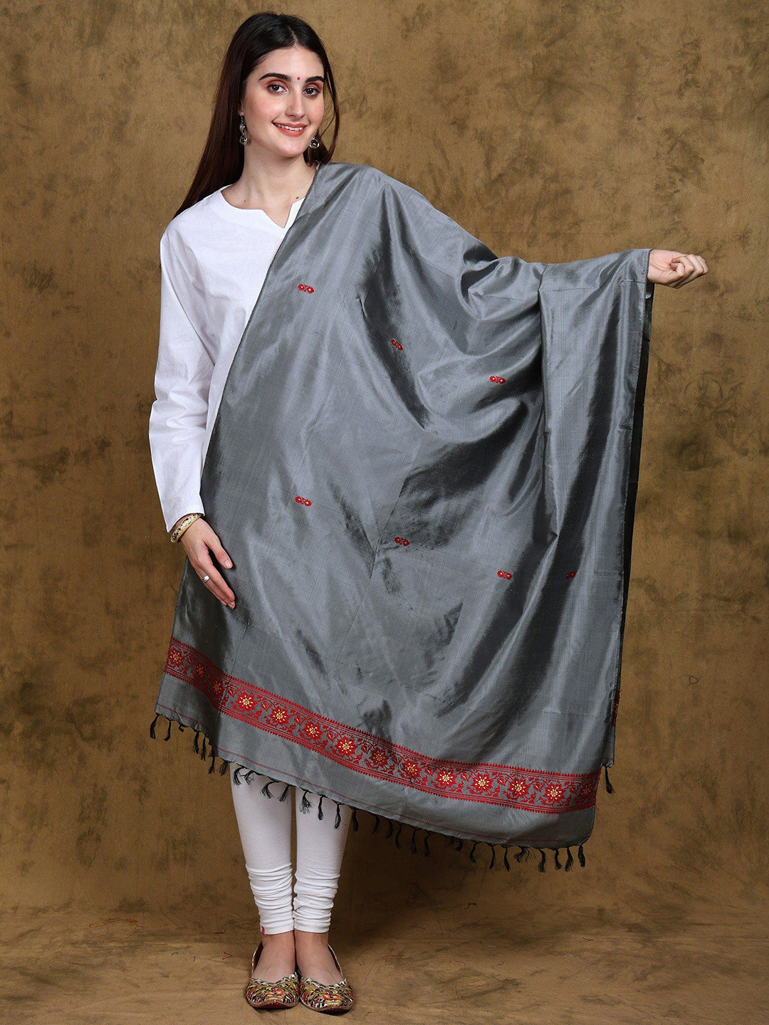 

Exotic India Pure Silk Baluchari Dupatta with Woven Floral Vine Border, Silver