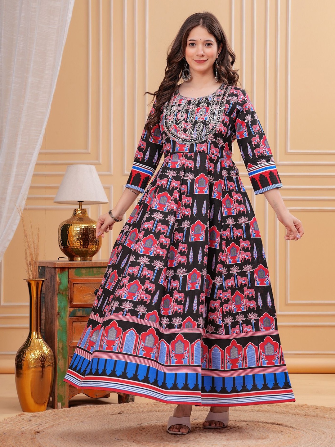 

GEKHA Cotton Printed Embroidery Round Neck Fit & Flare Dress, Black