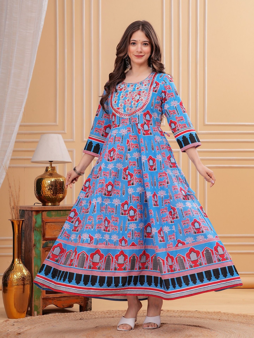 

GEKHA Women Printed Cotton Fit & Flare Dress, Blue