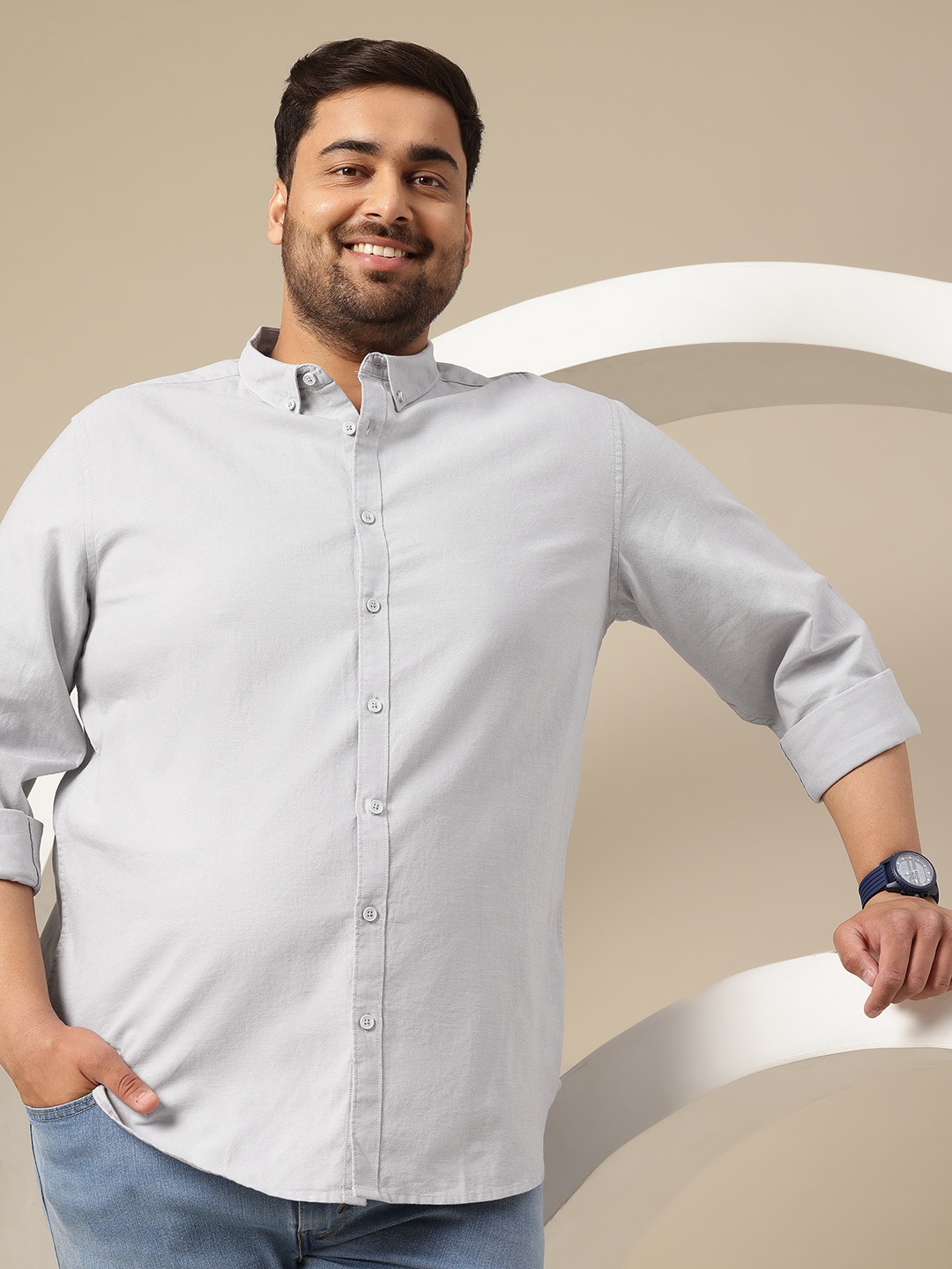 

Sztori Plus size Oxford Weave Cotton Shirt, Grey