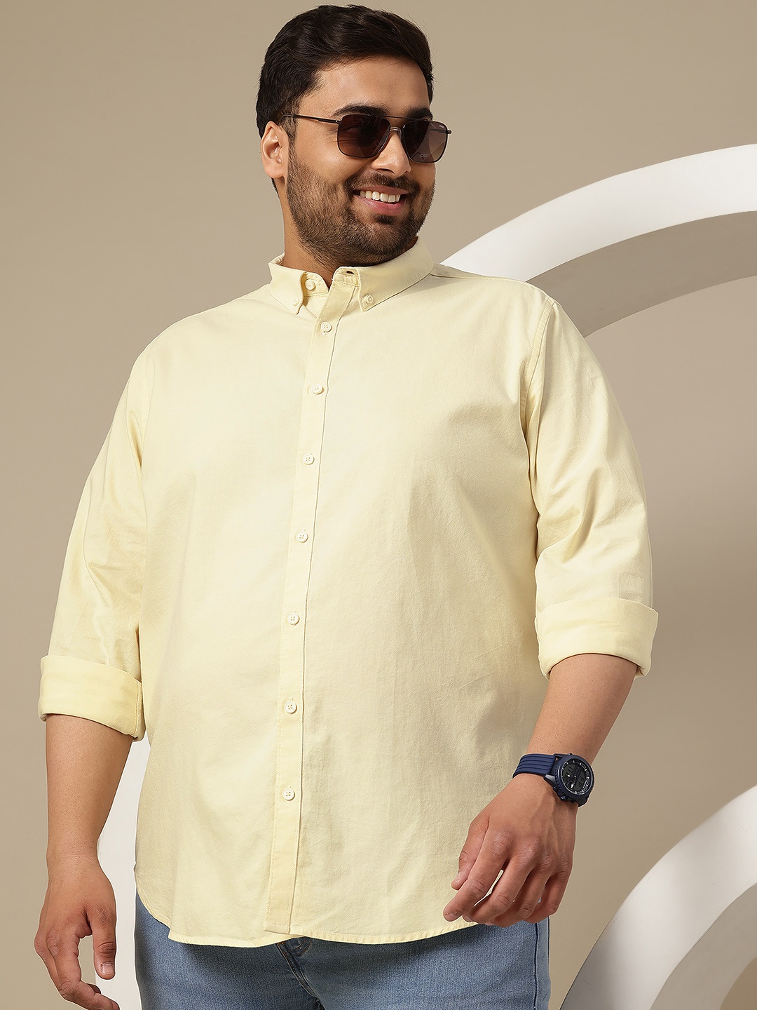 

Sztori Plus size Oxford Weave Cotton Shirt, Yellow