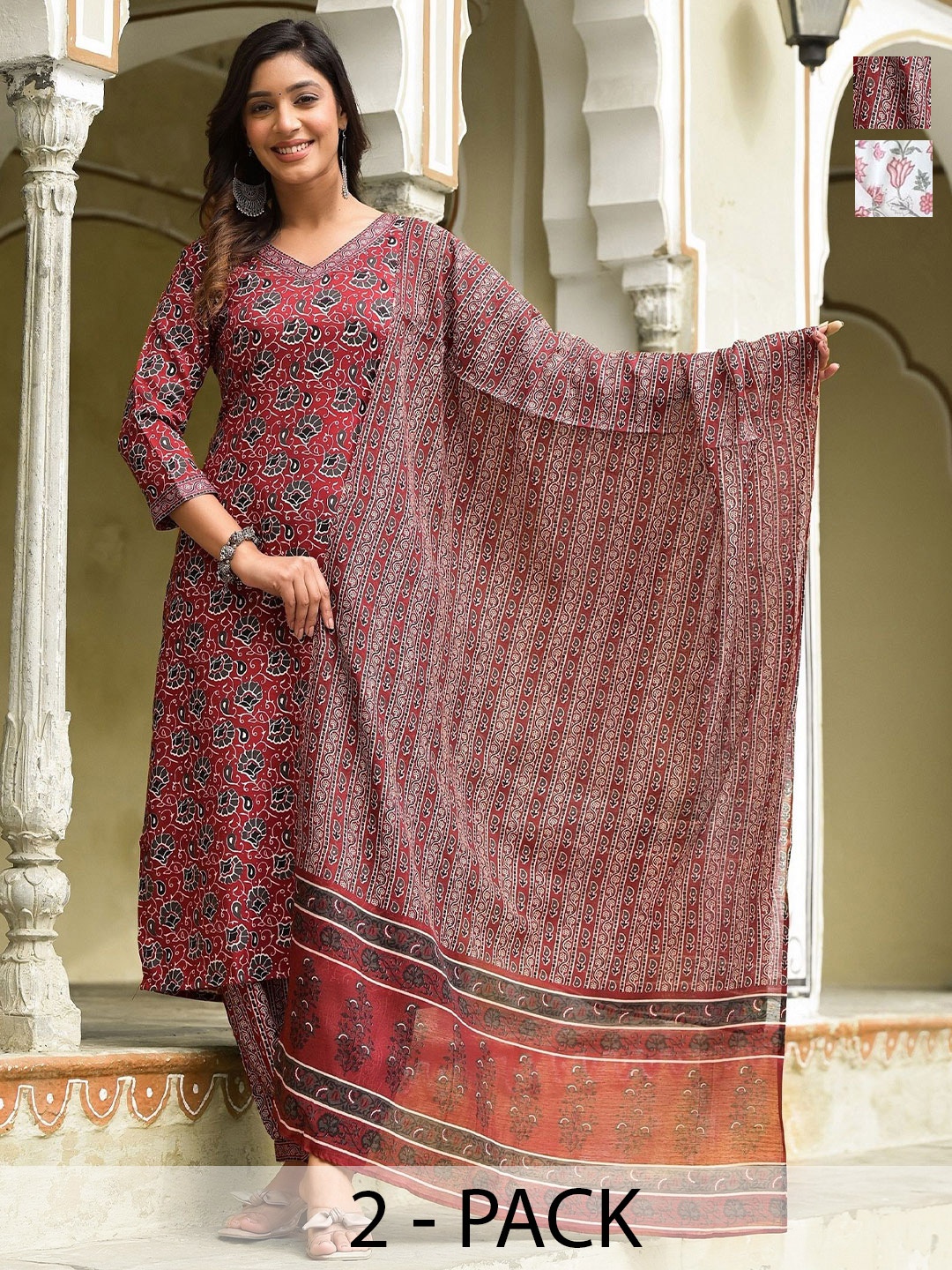 

KALINI Women Ethnic Motifs Printed Regular Kurta with Trousers & With Dupatta, Maroon