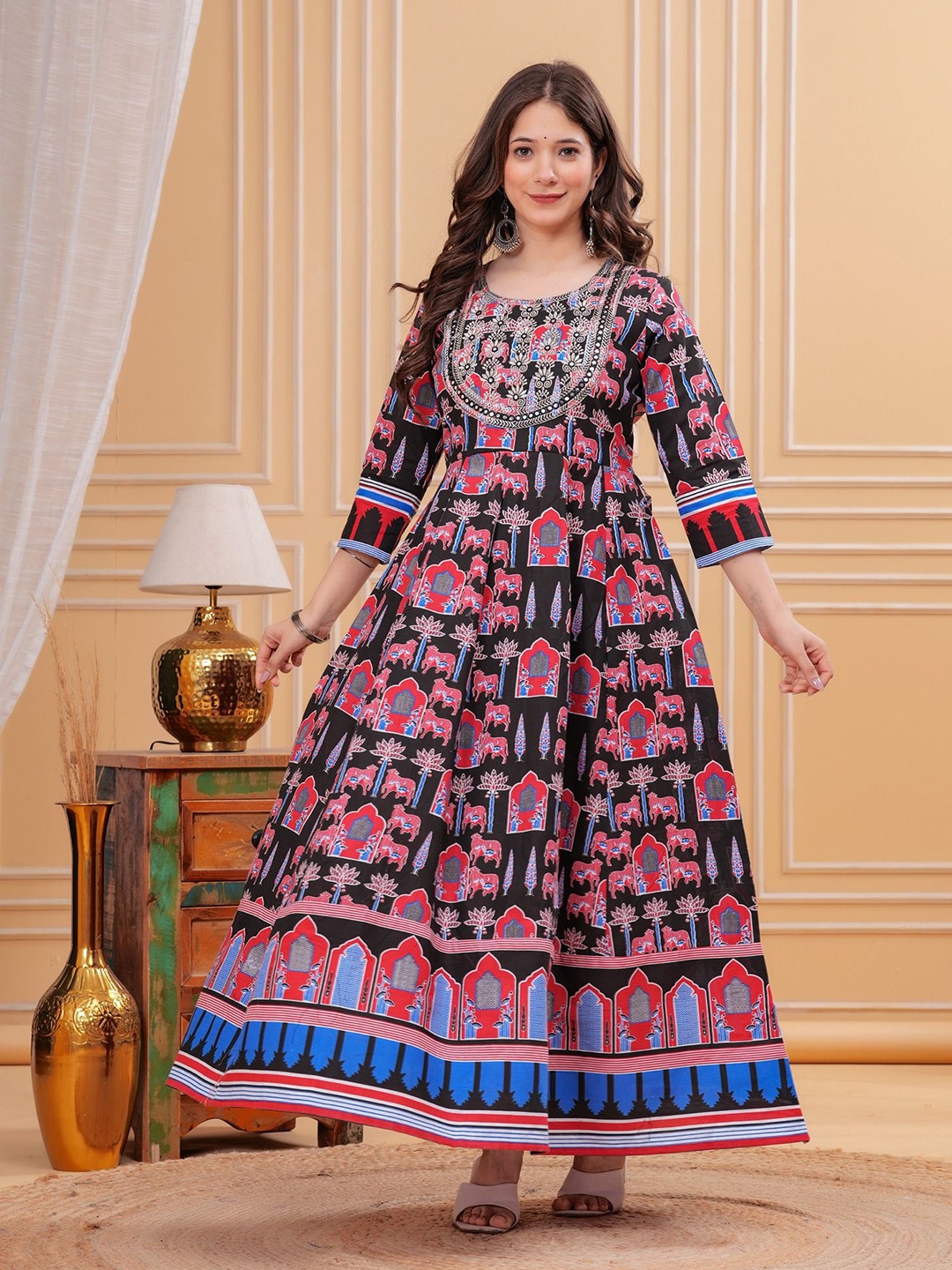 

PARTHVI Women Printed Embroidered Pure Cotton Fit & Flare Dress, Black