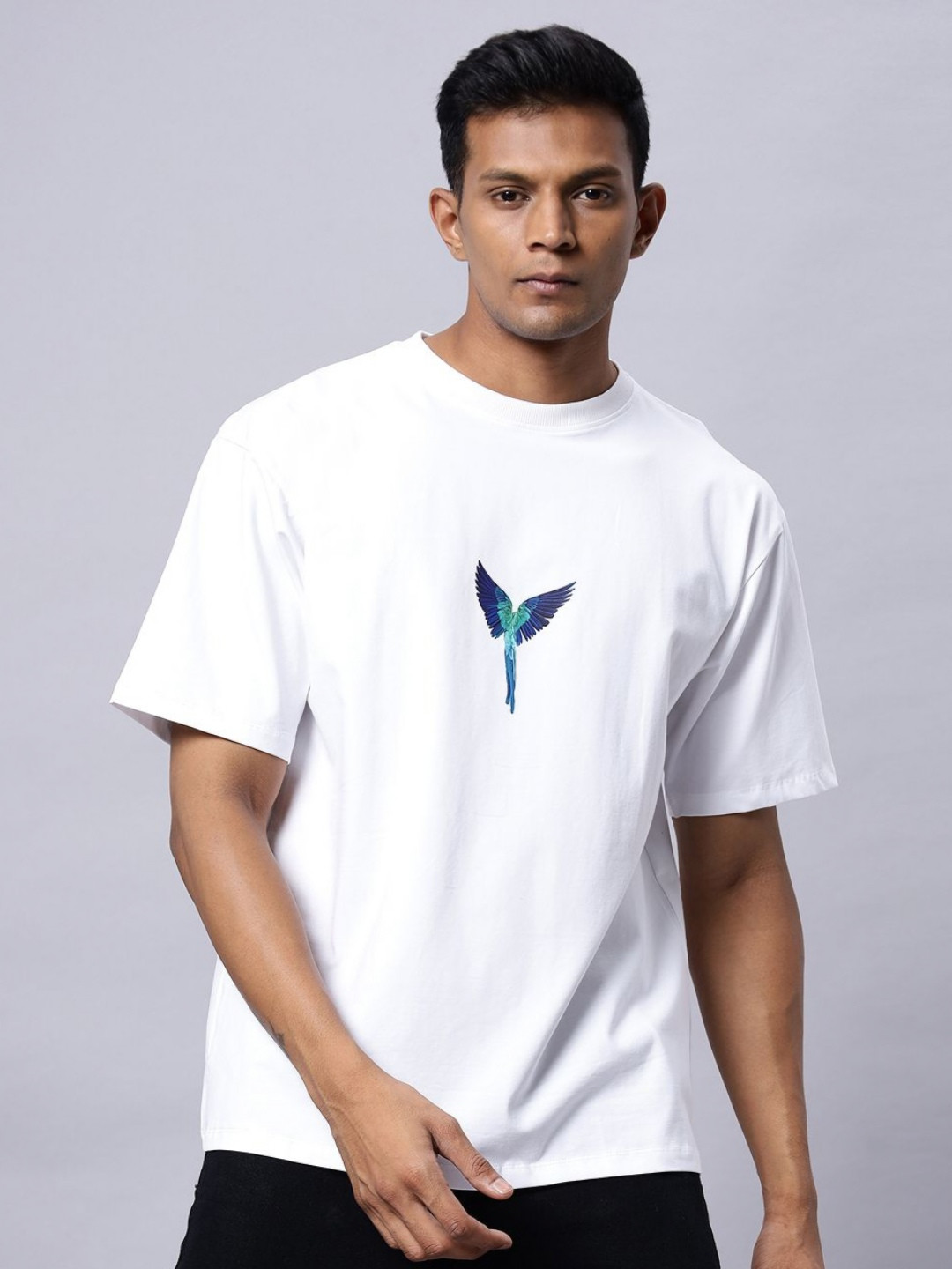 

N AND J Men Graphic Printed Round Neck Cotton Oversized T-shirt, White