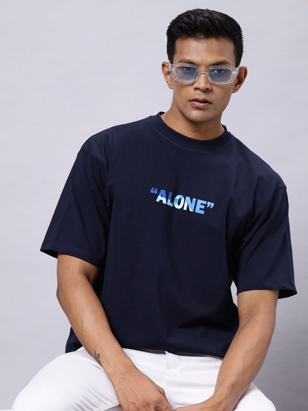 

N AND J Men Typography Printed Round Neck Cotton Oversized T-shirt, Navy blue