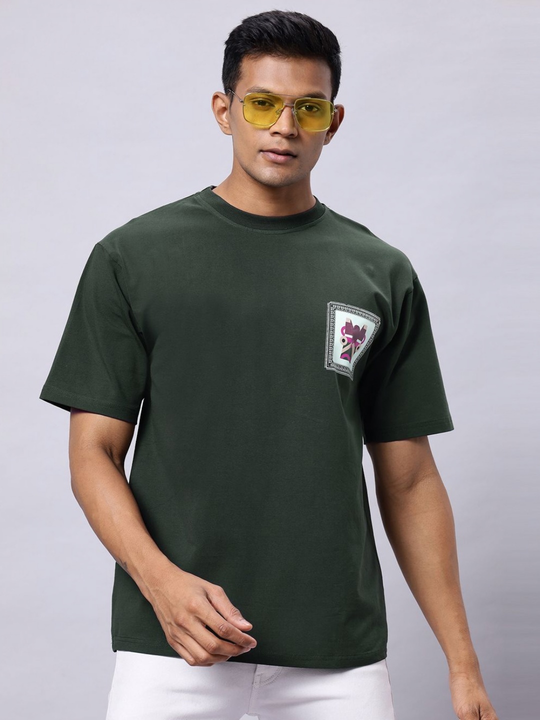 

N AND J Men Geometric Printed Round Neck Cotton Oversized T-shirt, Green
