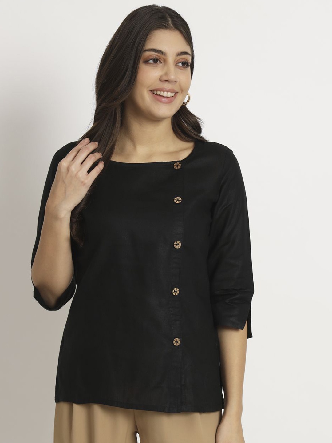 

Peikh Women Round Neck Cotton Tunic, Black