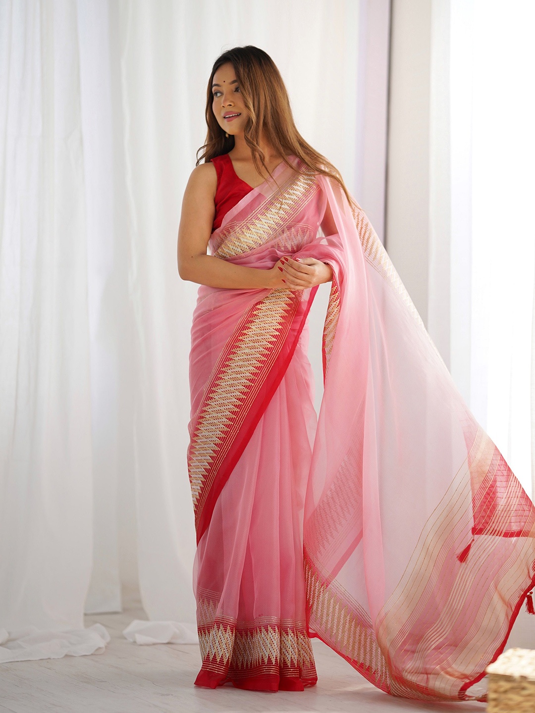 

Fashion Basket Organza Zari Woven Design Border Saree, Pink