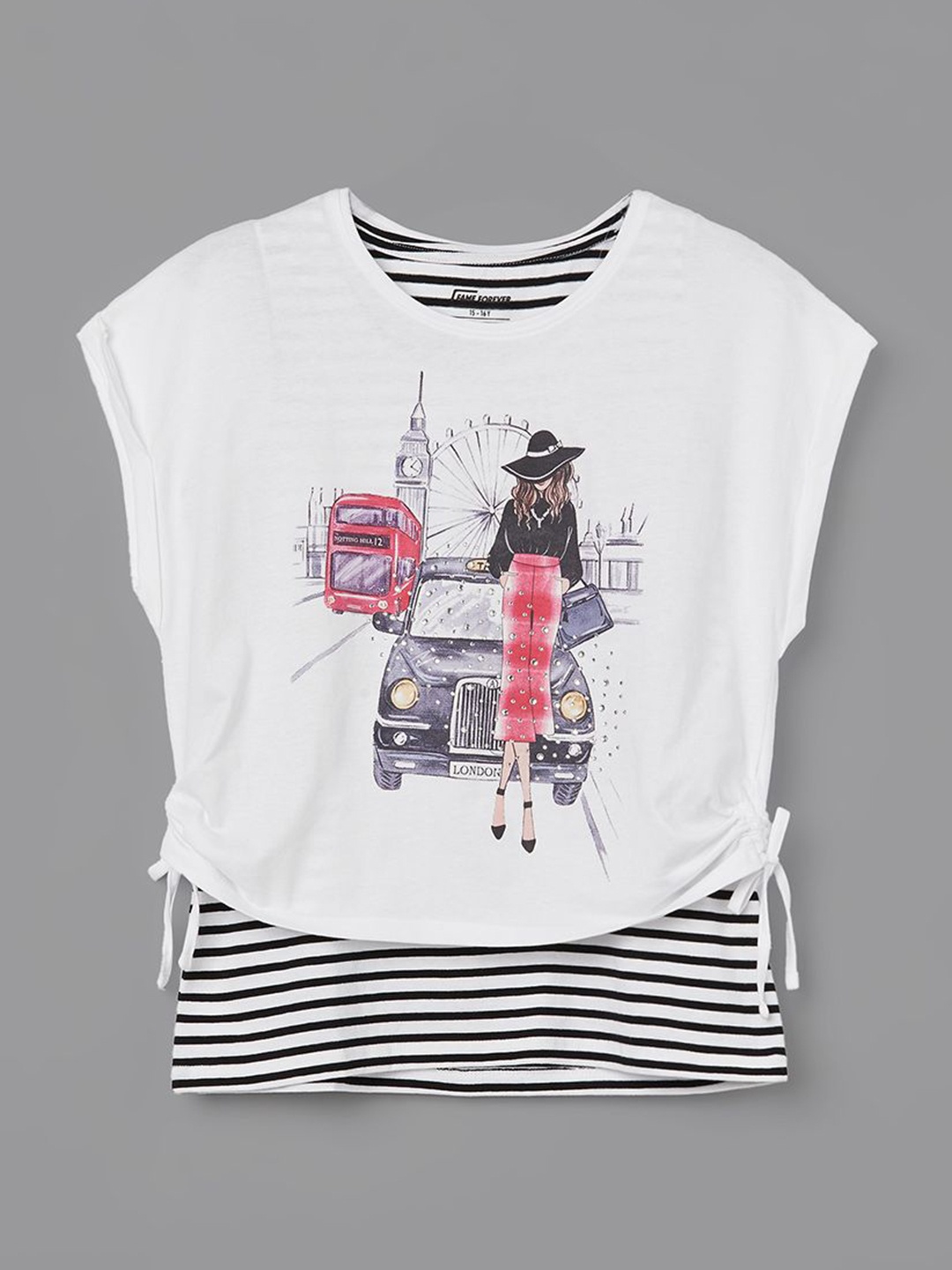 

Fame Forever by Lifestyle Girls Graphic Printed Waist Tie-Ups Pure Cotton Top, White