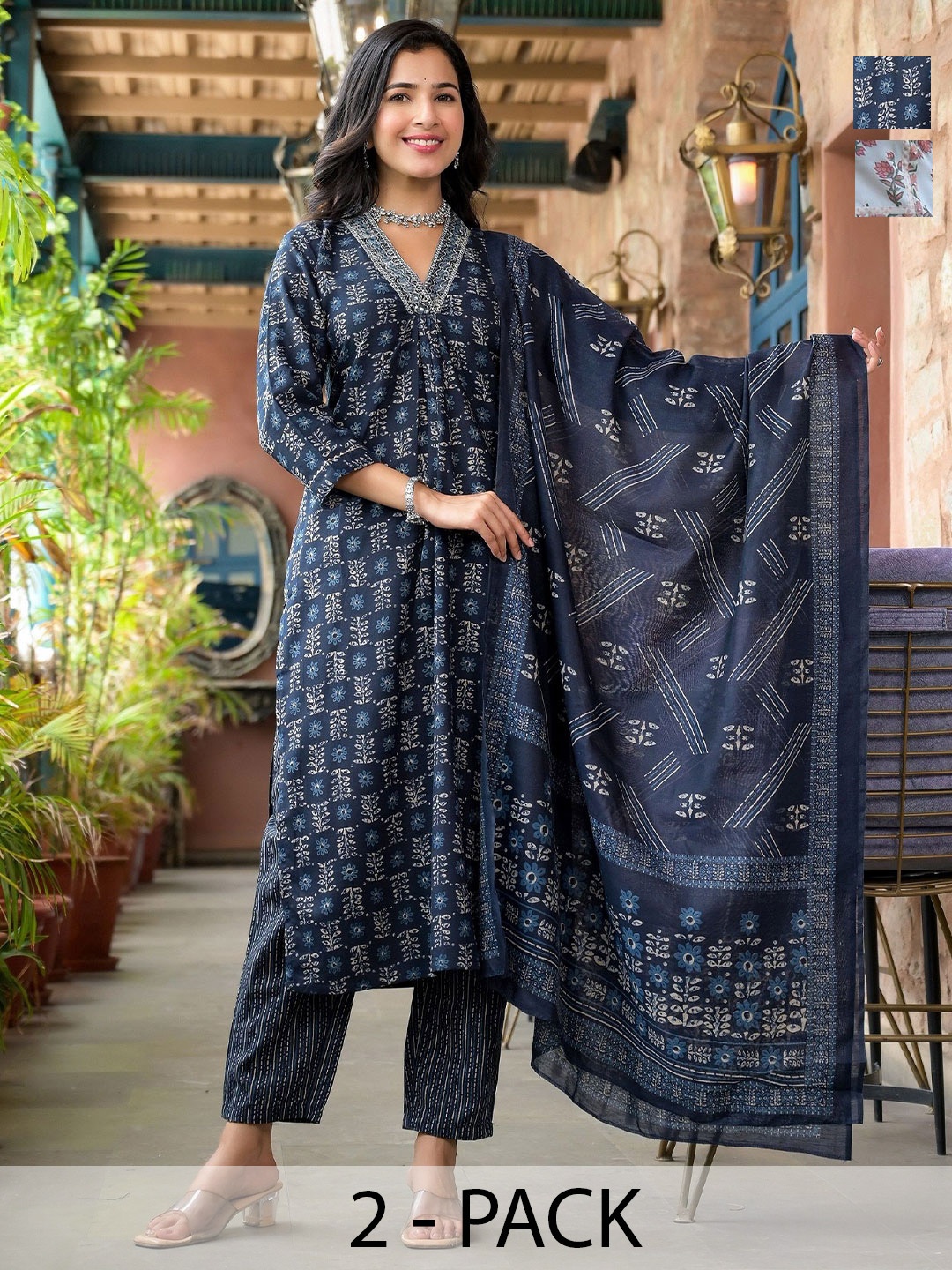 

KALINI Women Ethnic Motifs Printed Pleated Sequinned Kurta with Trousers & With Dupatta, Navy blue