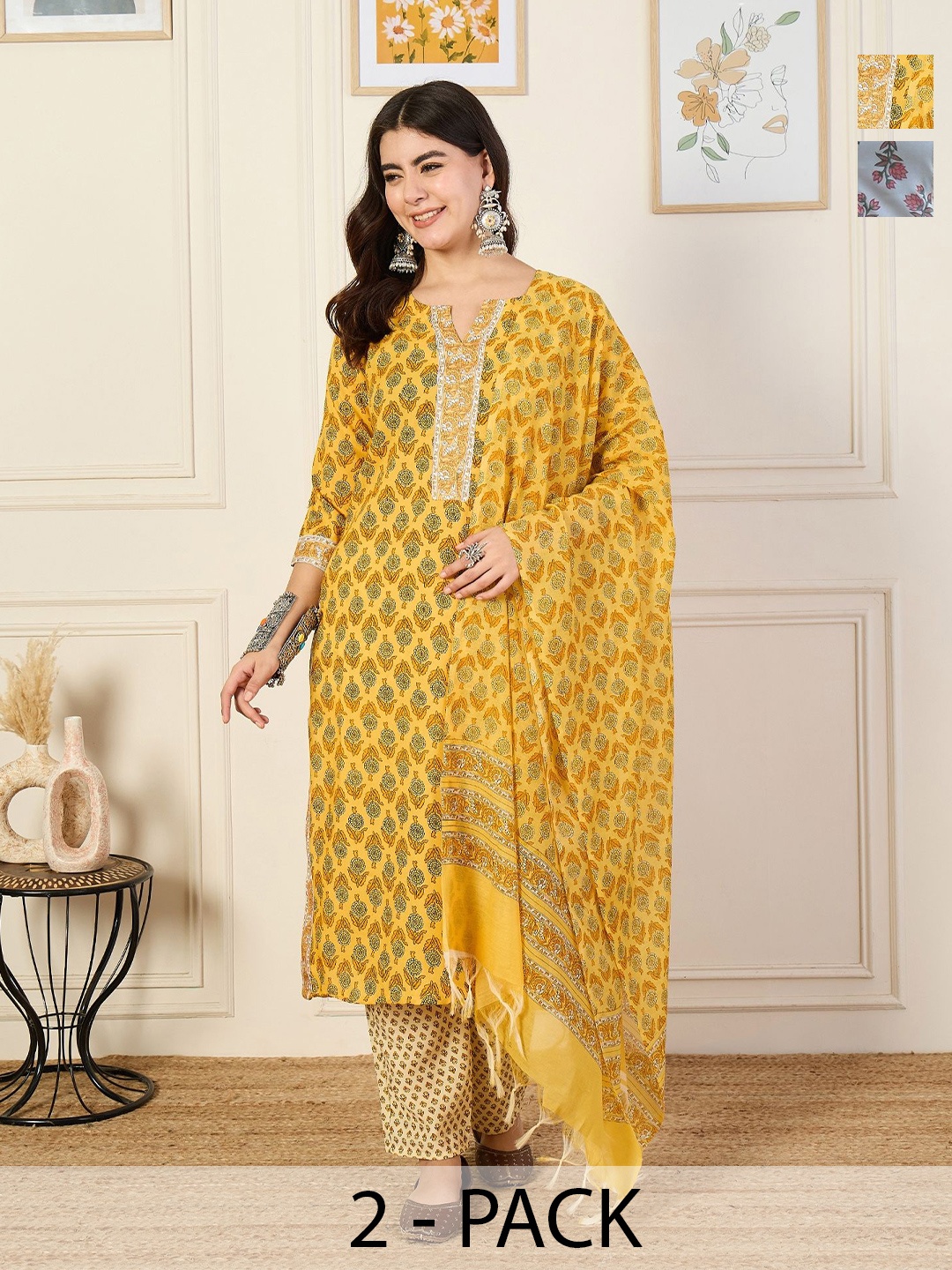 

KALINI Women Ethnic Motifs Printed Regular Kurta with Trousers & With Dupatta, Yellow