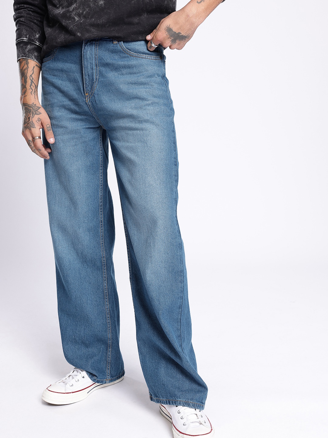 

glitchez Men Sharp Fit Flared Heavy Fade Jeans, Blue