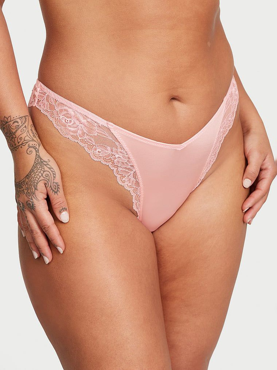 

Victoria's Secret Women Lace-Trim High-Leg Thong Briefs, Beige