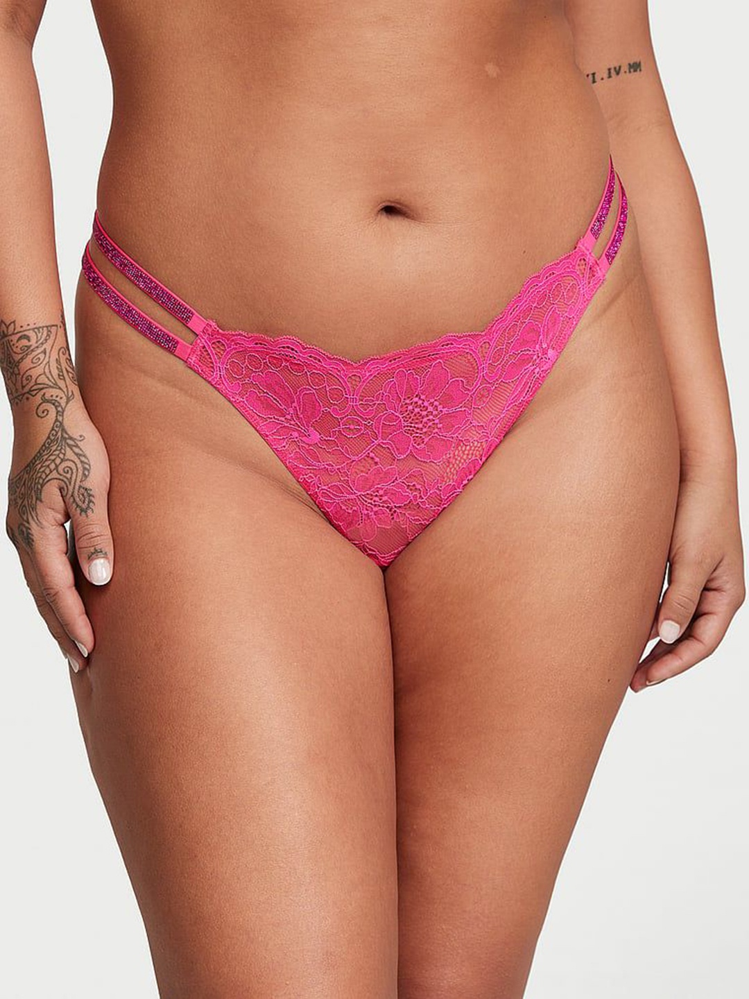 

Victoria's Secret Women Self Design Low Rise Double Shine Strap Lace Thong Briefs, Pink