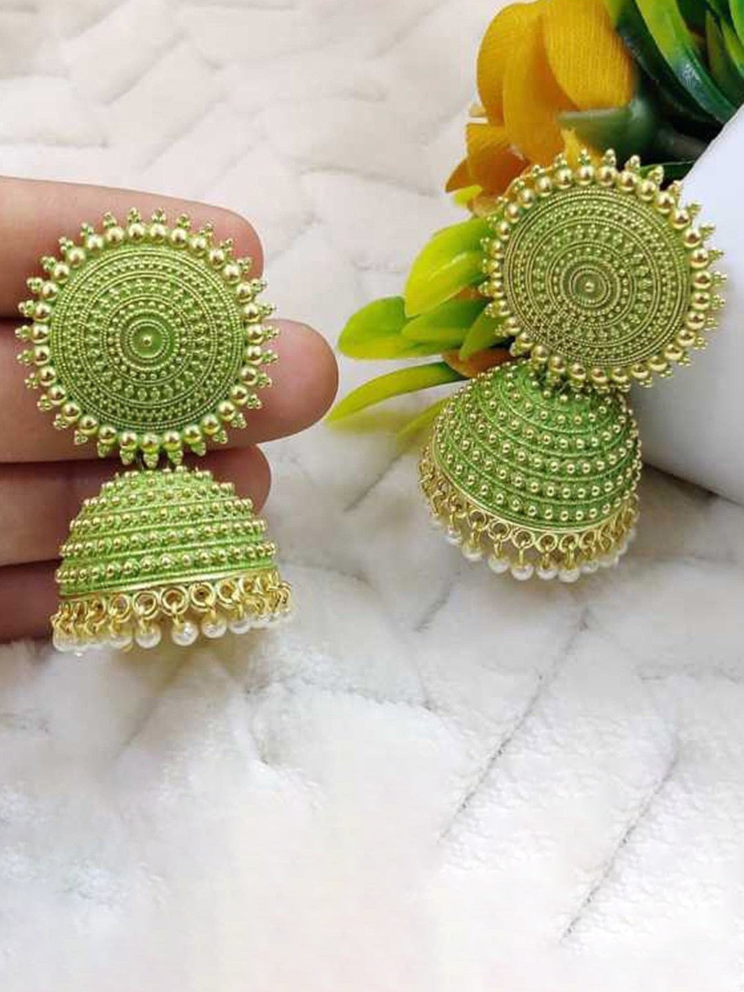 

JMBW INTERNATIONAL Contemporary Jhumkas Earrings, Green