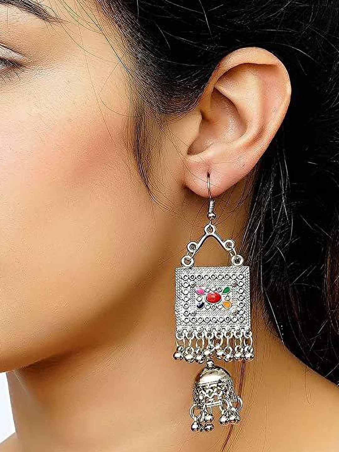 

JMBW INTERNATIONAL Contemporary Jhumkas Earrings, Silver