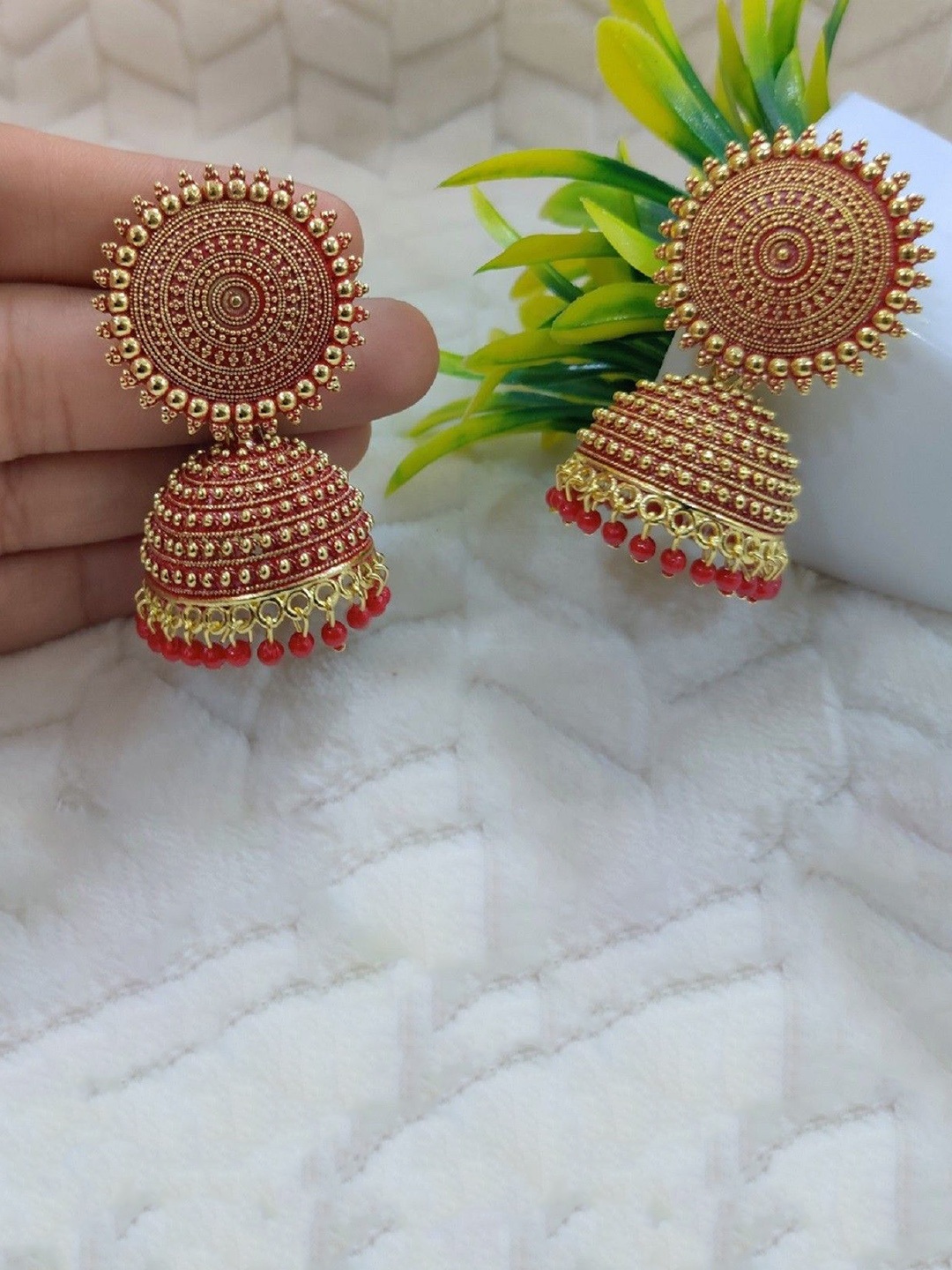 

JMBW INTERNATIONAL Contemporary Jhumkas Earrings, Red