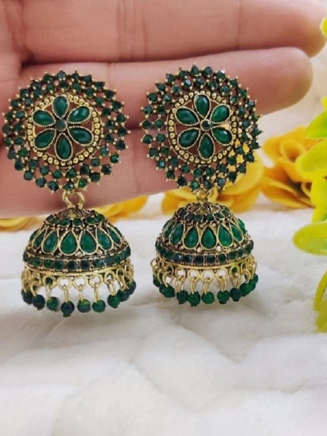 

JMBW INTERNATIONAL Contemporary Jhumkas Earrings, Green