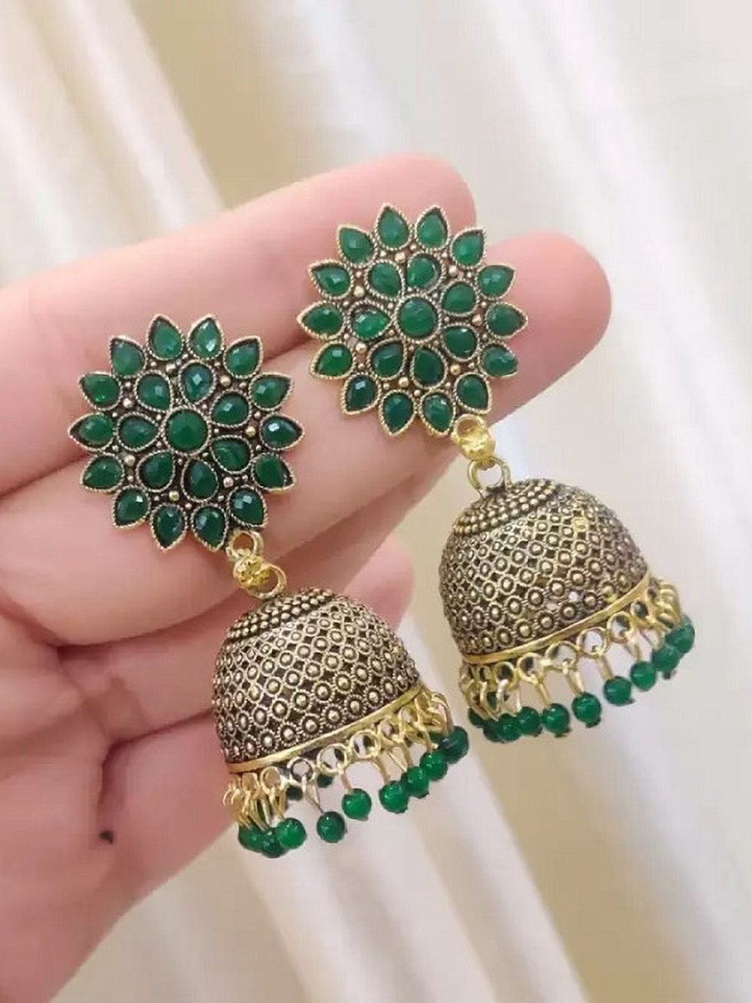 

JMBW INTERNATIONAL Contemporary Jhumkas Earrings, Green