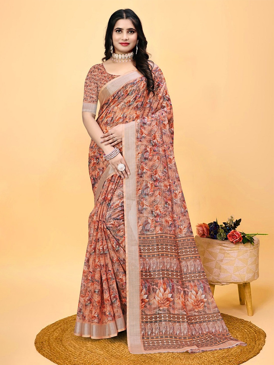 

SHOBHA SAREES Women Pure Cotton Linen Printed Zari Stripe Saree, Orange