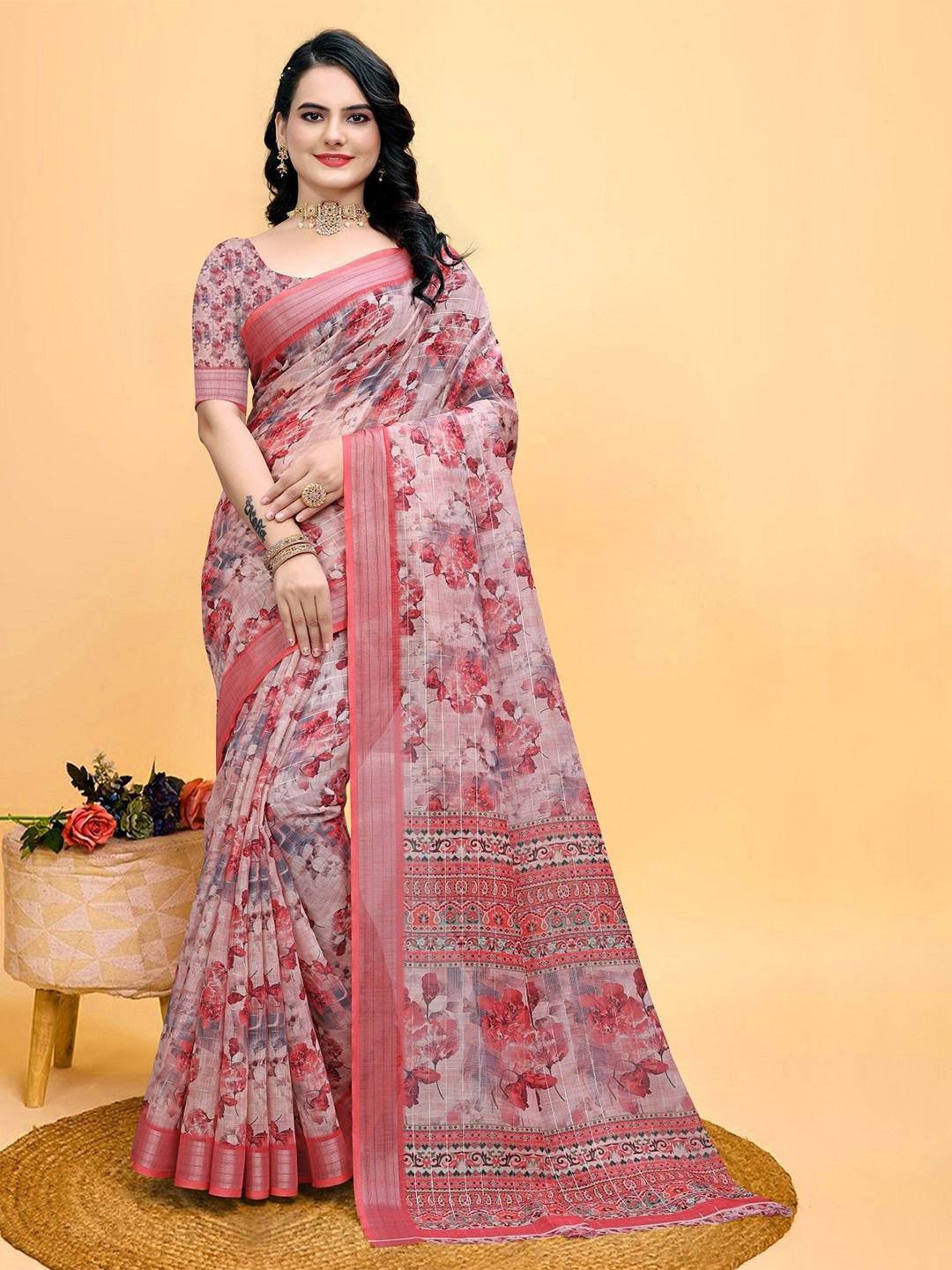 

SHOBHA SAREES Floral Printed Zari Pure Cotton Linen Saree, Red