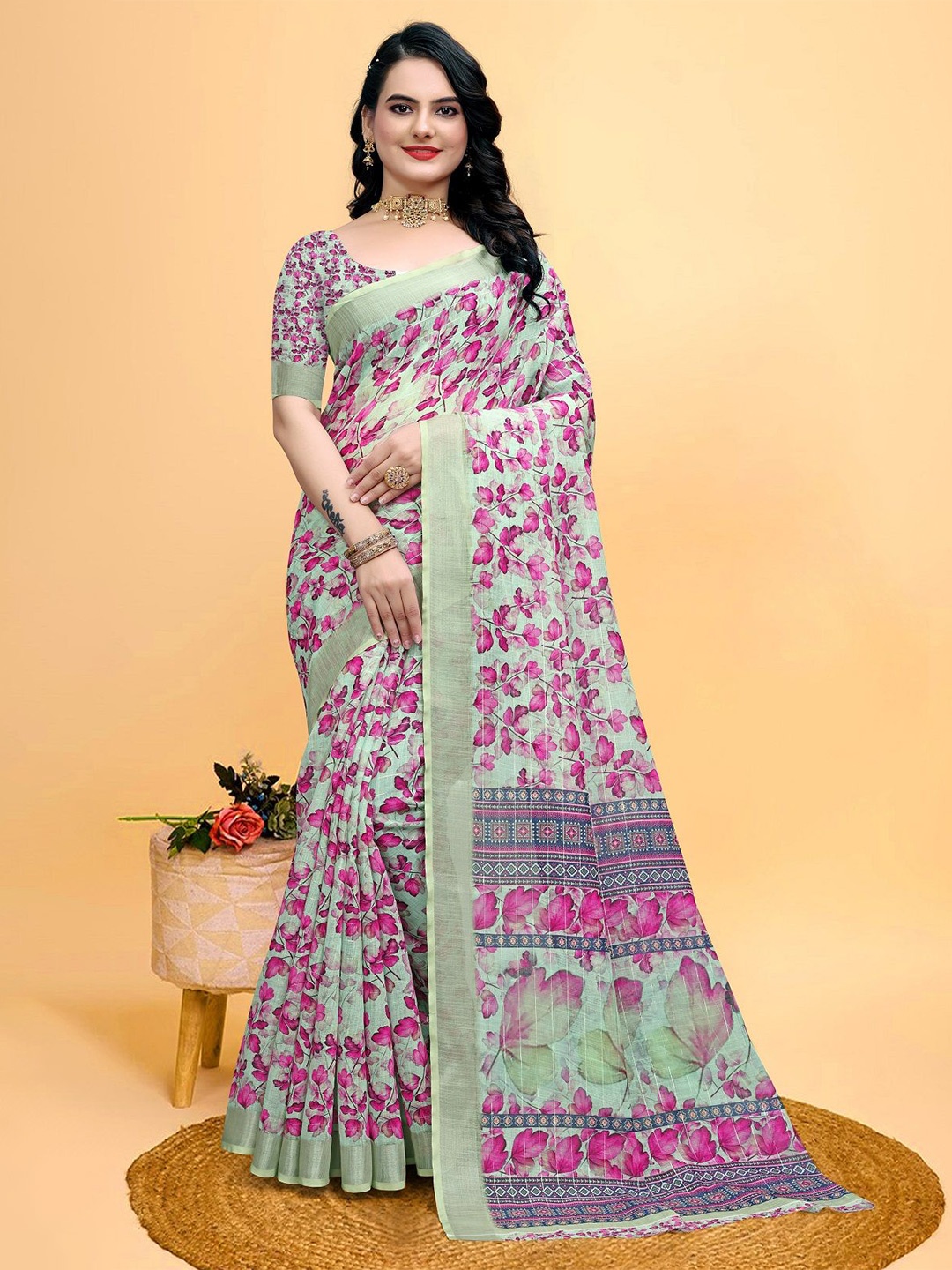 

SHOBHA SAREES Floral Printed Linen Zari Stripe Pure Cotton Saree, Pink