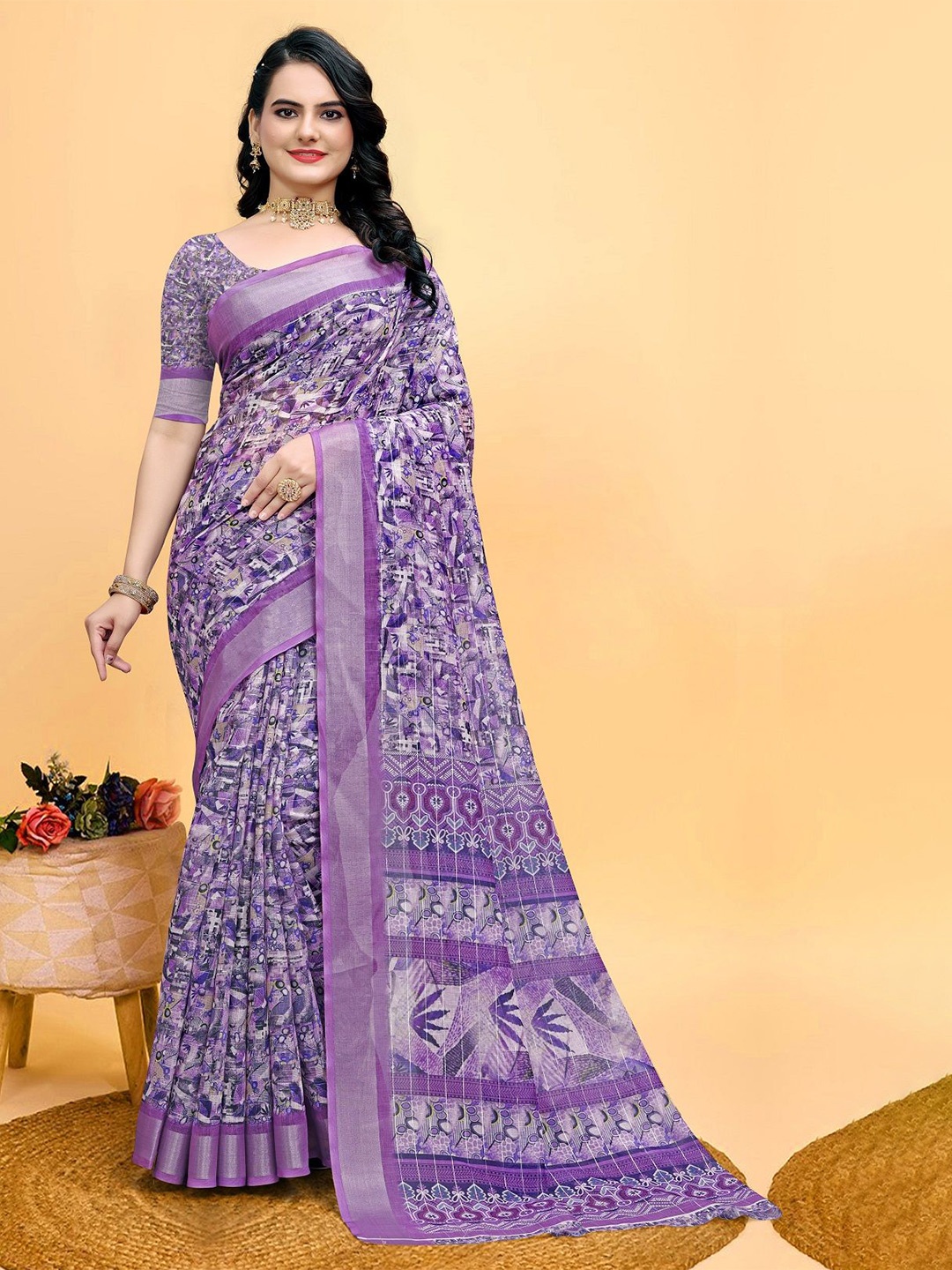 

SHOBHA SAREES Printed Pure cotton Zari Saree, Purple
