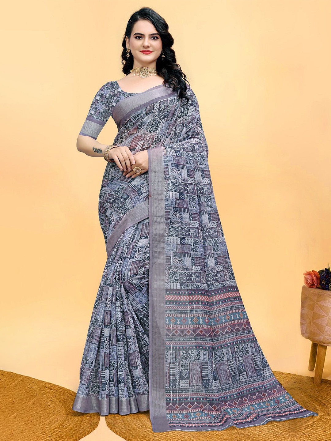 

SHOBHA SAREES Floral Printed Pure Cotton Zari Saree, Grey