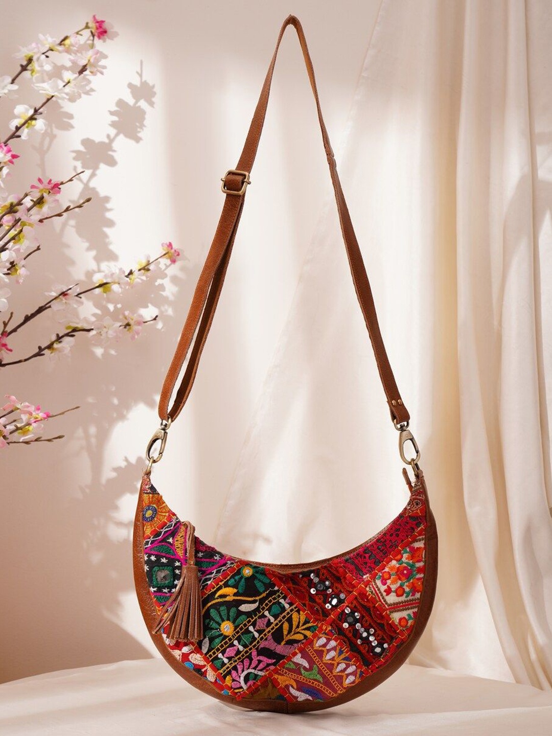 

JAYPORE Women Floral Printed Crossbody Leather Sling Bag, Brown