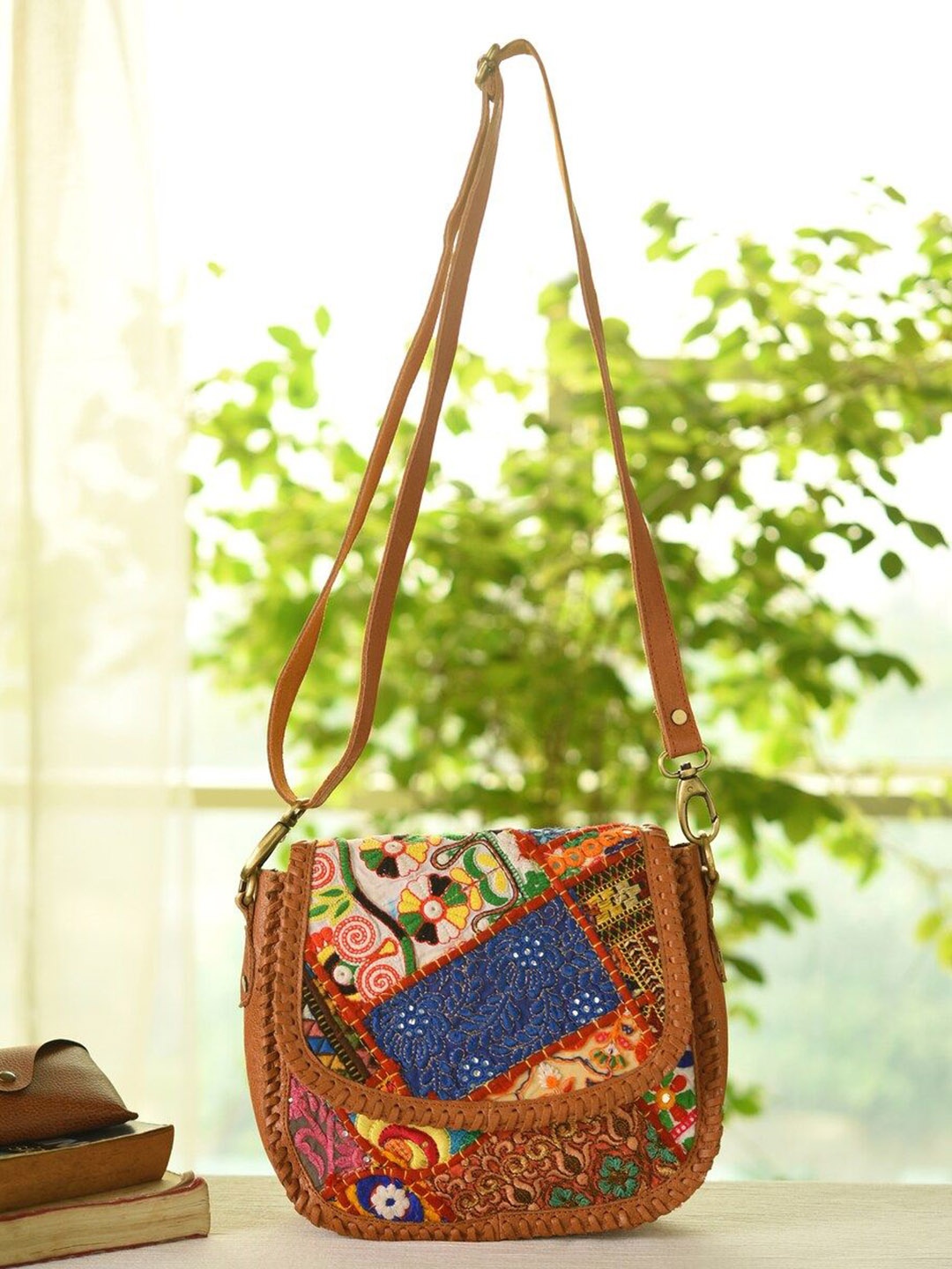 

JAYPORE Women Floral Printed Crossbody Leather Sling Bag, Brown
