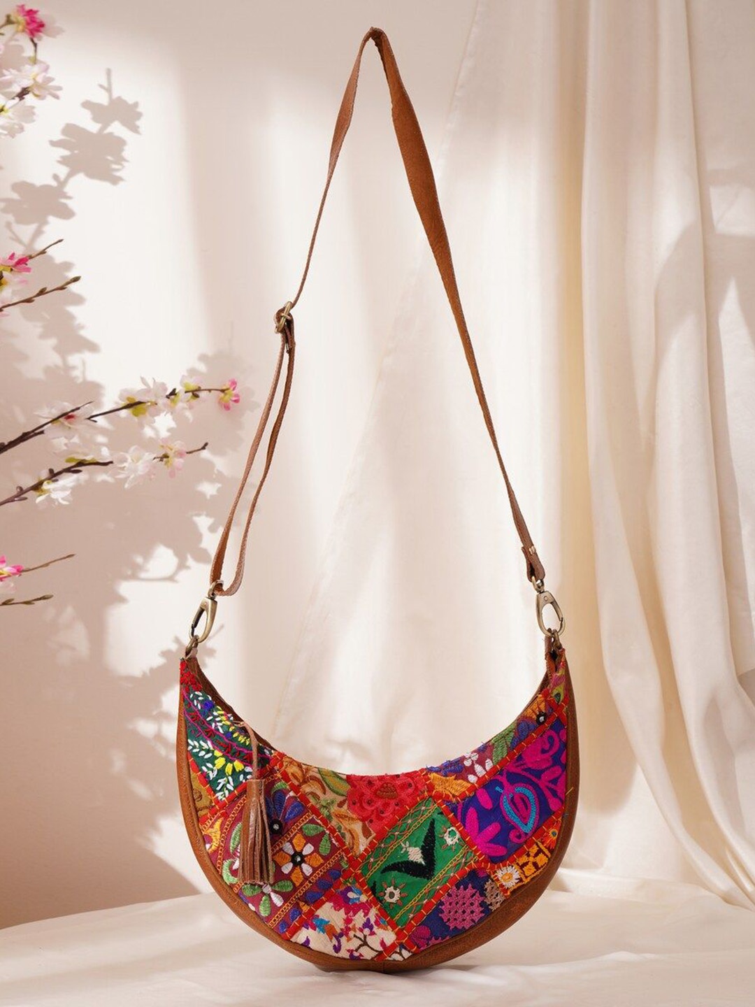 

JAYPORE Women Floral Printed Crossbody Leather Sling Bag, Brown