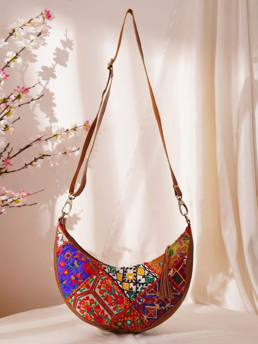 

JAYPORE Women Floral Printed Crossbody Leather Sling Bag, Brown