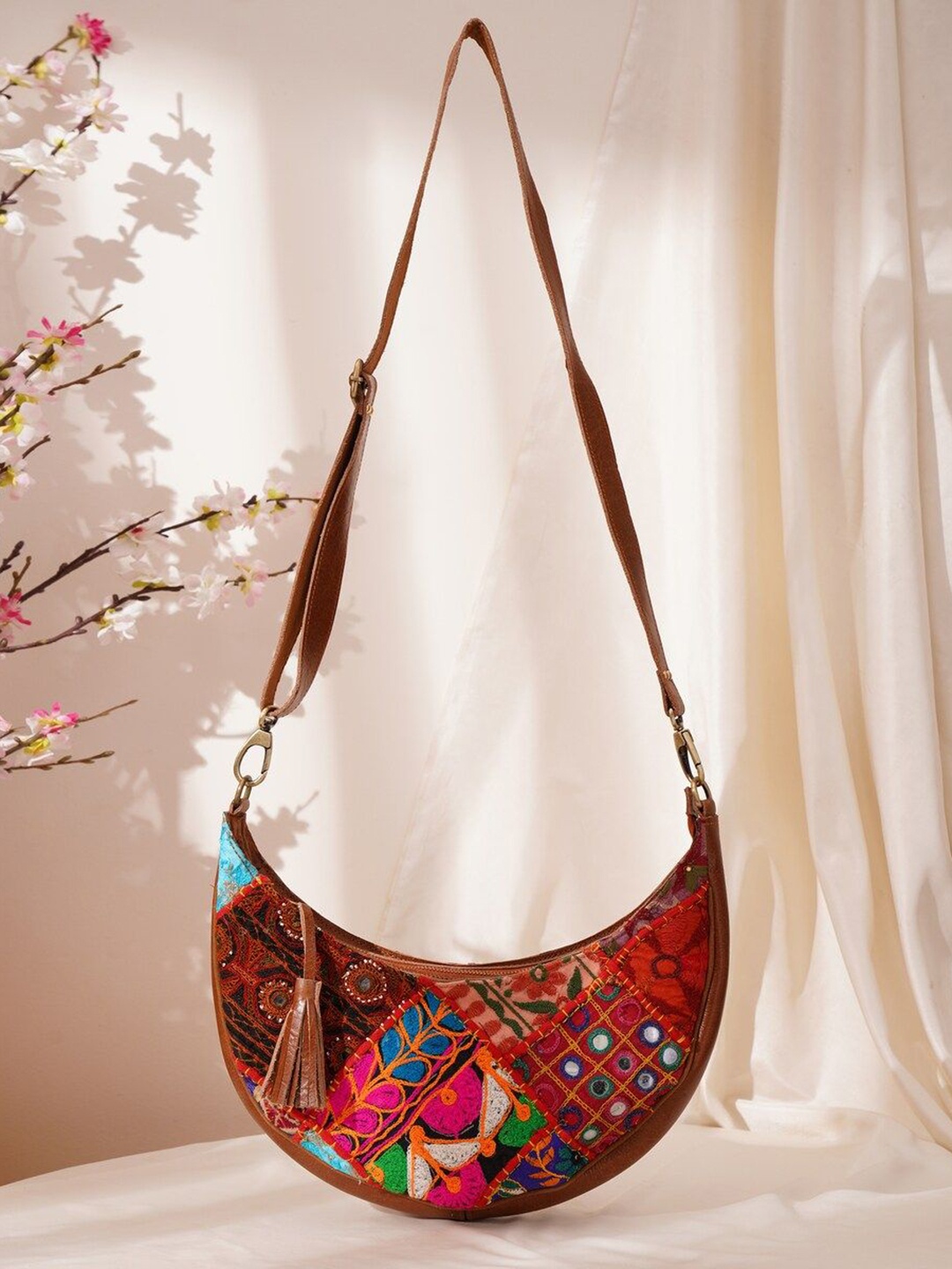 

JAYPORE Women Floral Printed Crossbody Leather Sling Bag, Brown