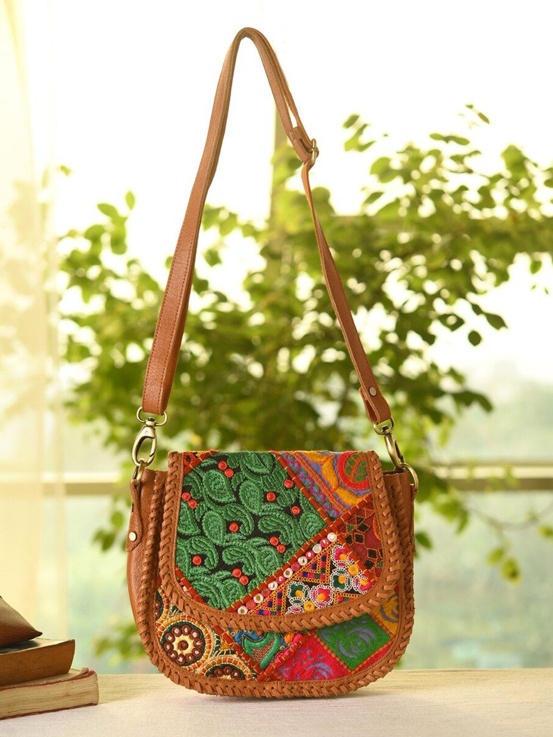 

JAYPORE Women Floral Printed Crossbody Leather Sling Bag, Brown