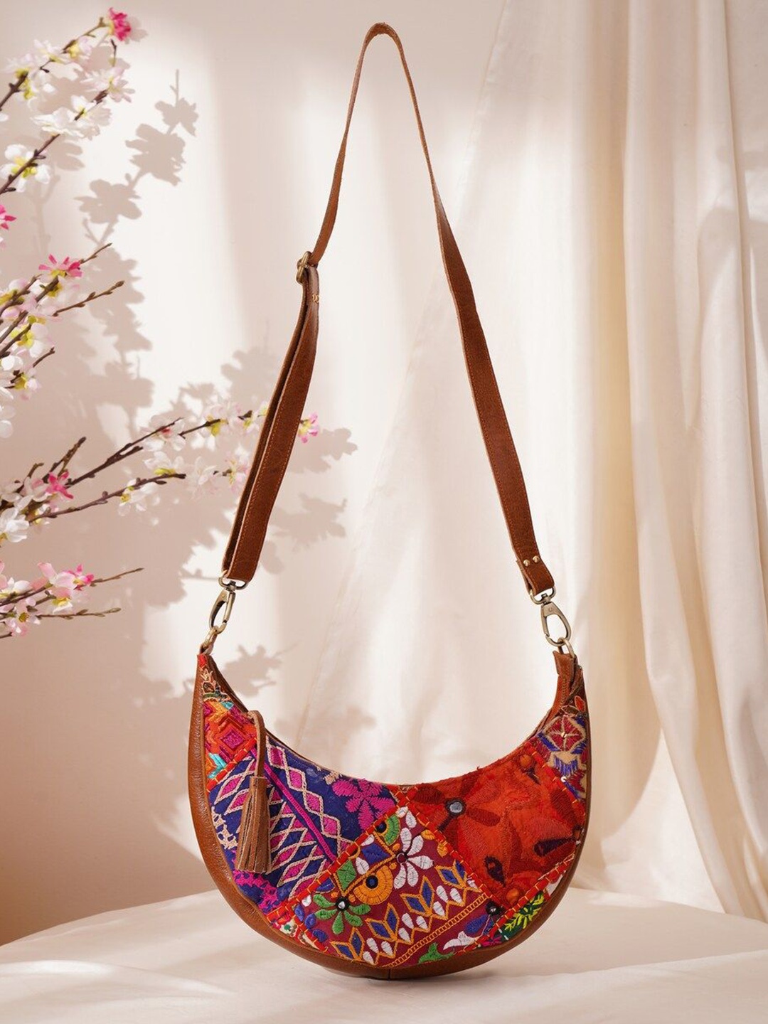 

JAYPORE Women Floral Printed Crossbody Leather Sling Bag, Brown