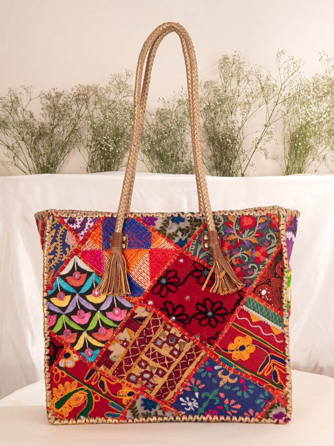 JAYPORE Women Floral Printed Structured Leather Shoulder Bag, Brown