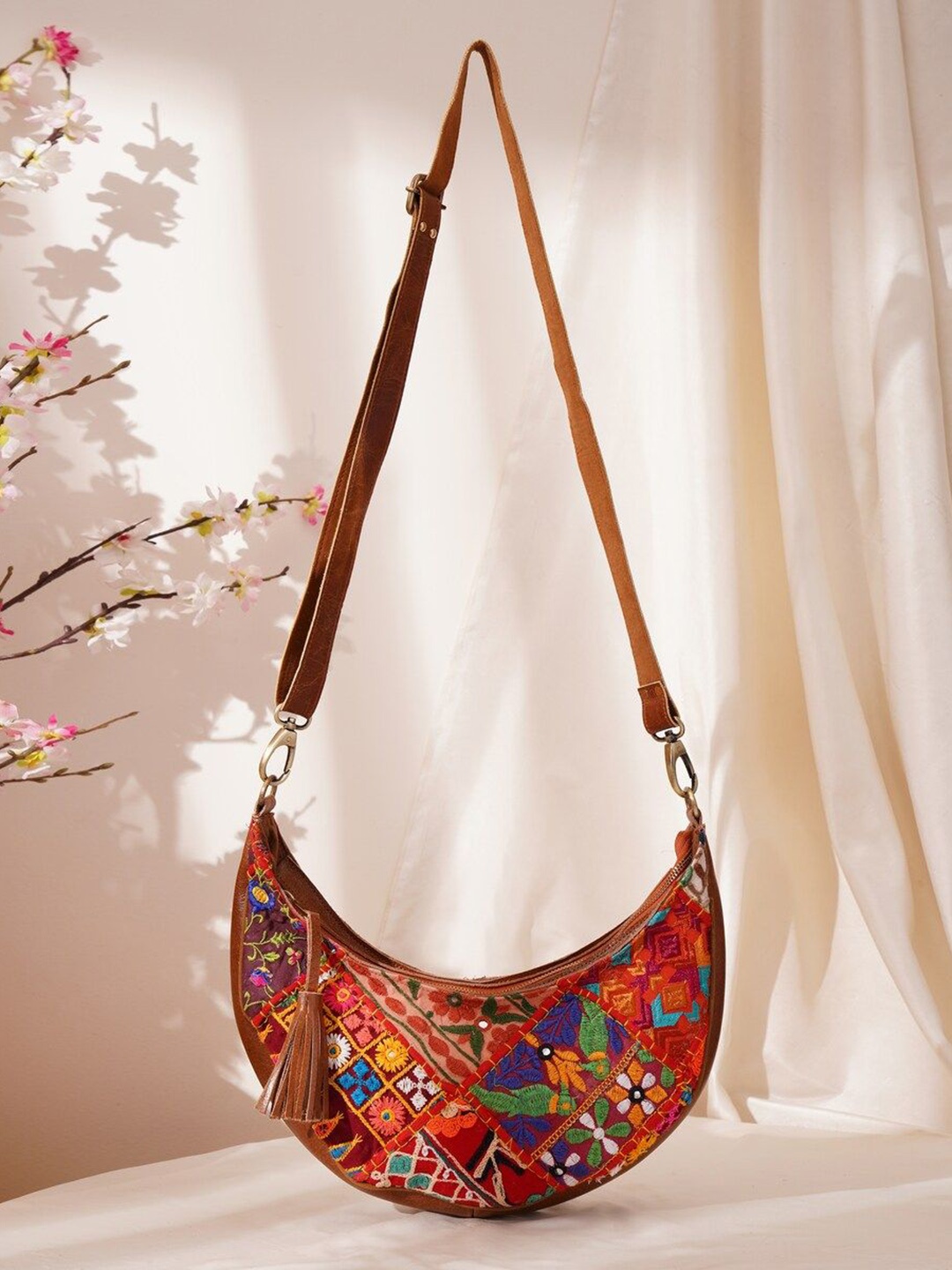 

JAYPORE Women Floral Printed Crossbody Leather Sling Bag, Brown