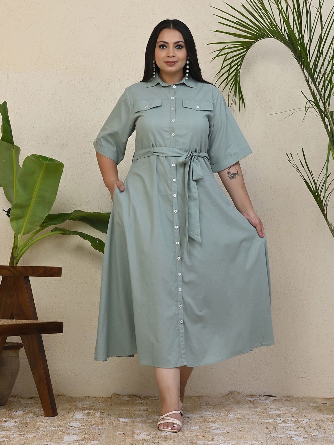 

Aspriya Shirt Collar Airy Linen A-Line Dress With Belt, Green