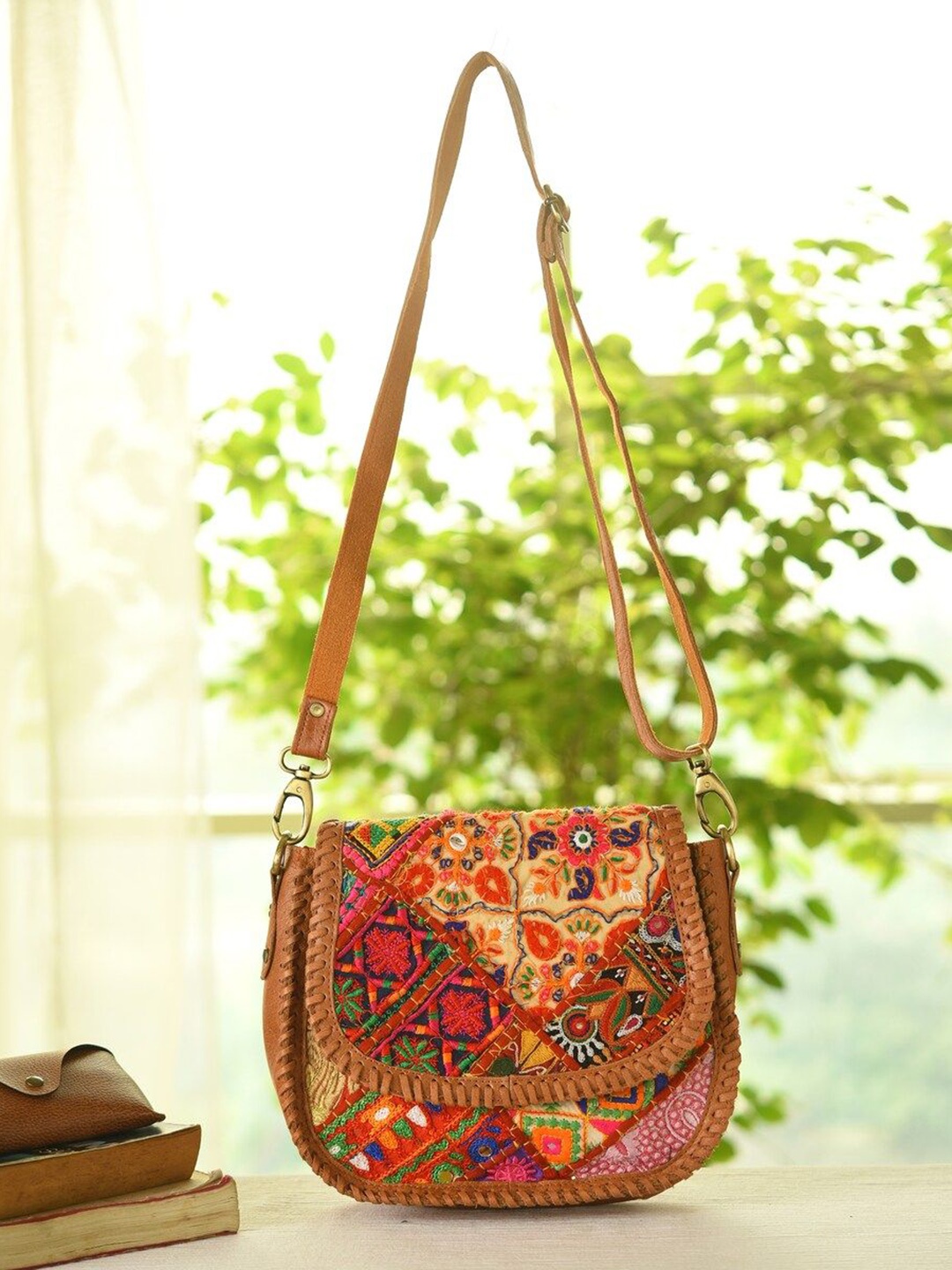 

JAYPORE Women Floral Printed Crossbody Leather Sling Bag, Brown