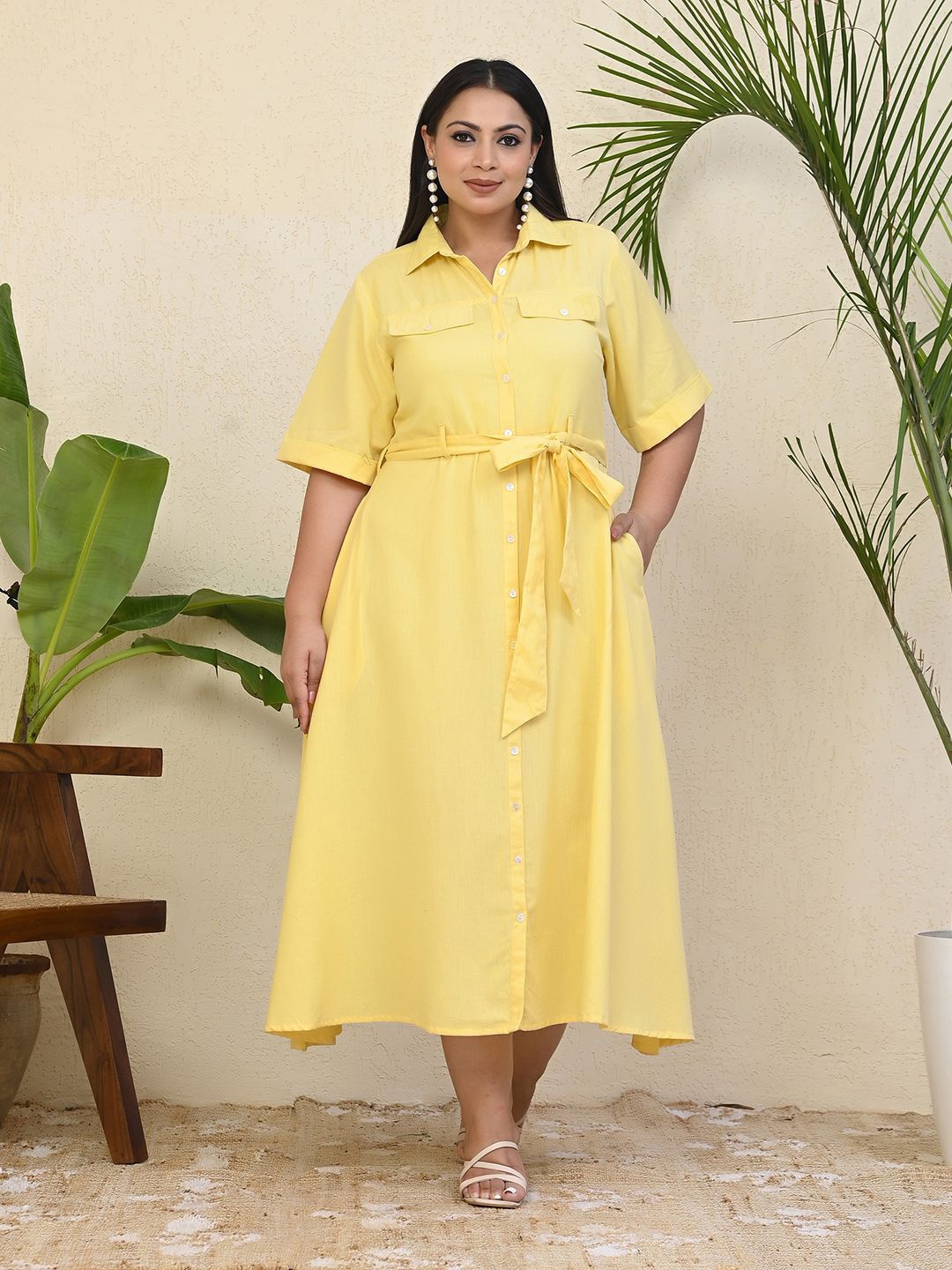 

Aspriya Shirt Collar Airy Linen A-Line Dress With Belt, Yellow