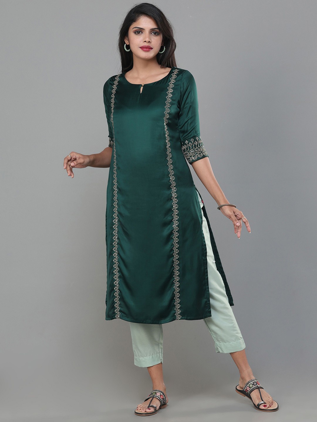 

Vismay Women Satin Embroidered Kurta & Trousers Set, Green