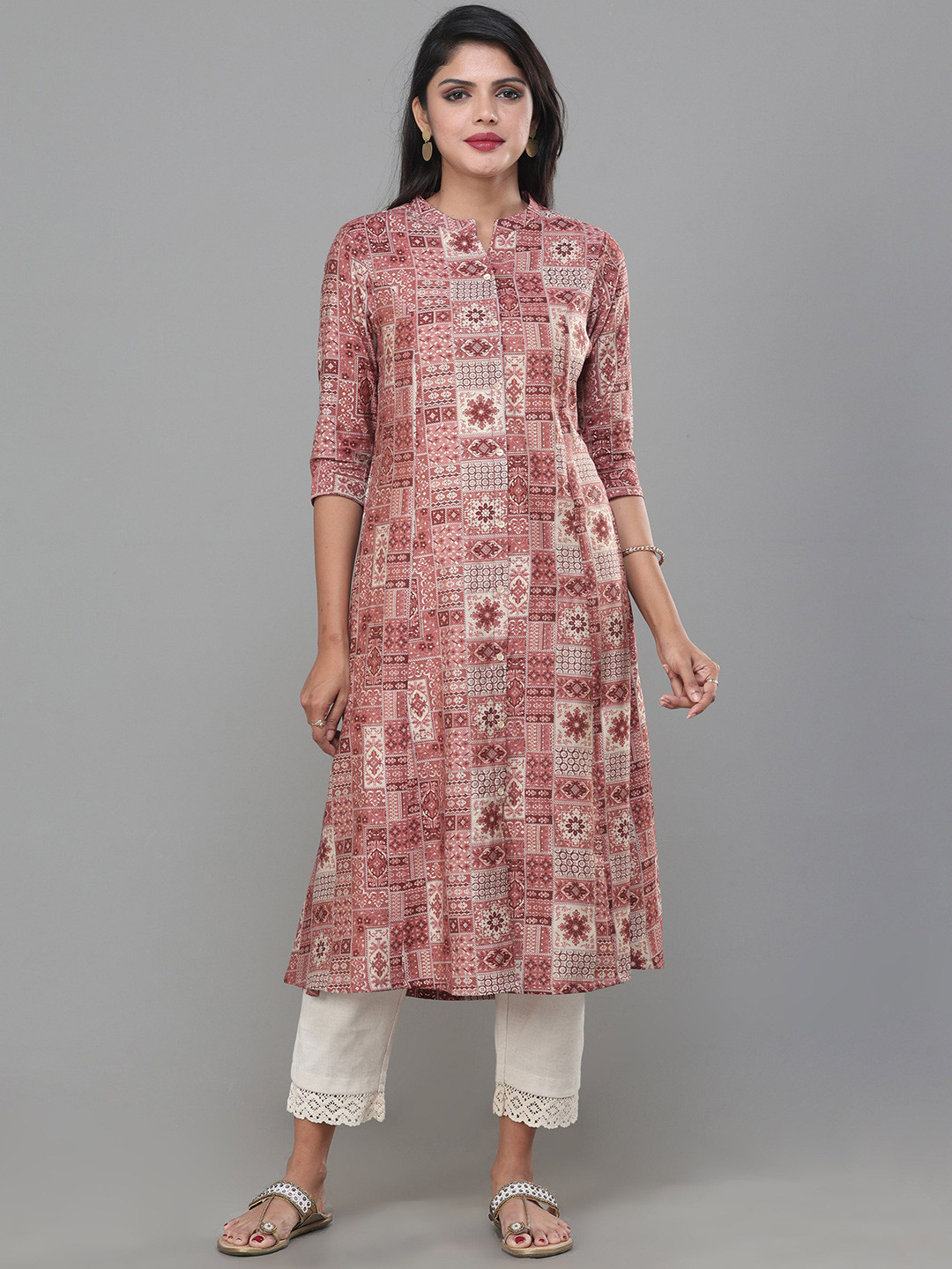 

Vismay Women Printed A-Line Flared Kurta, Pink